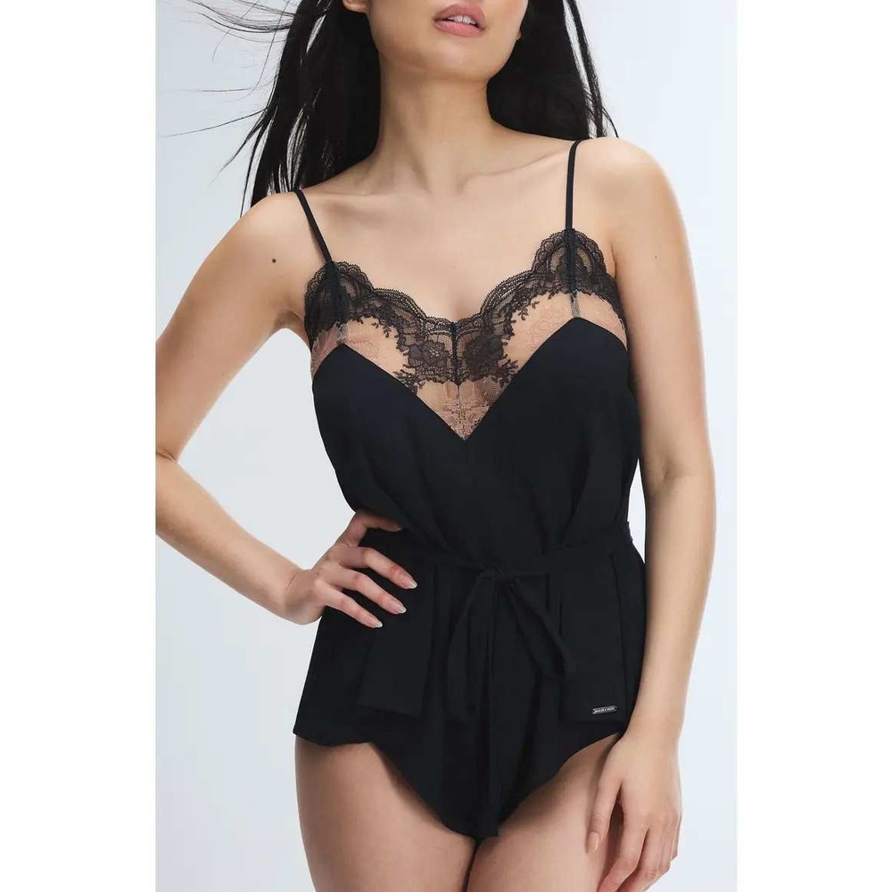 Savage X Fenty Womens Lacestruck Black Lace Trim Tie Waist Sleep Romper Size M